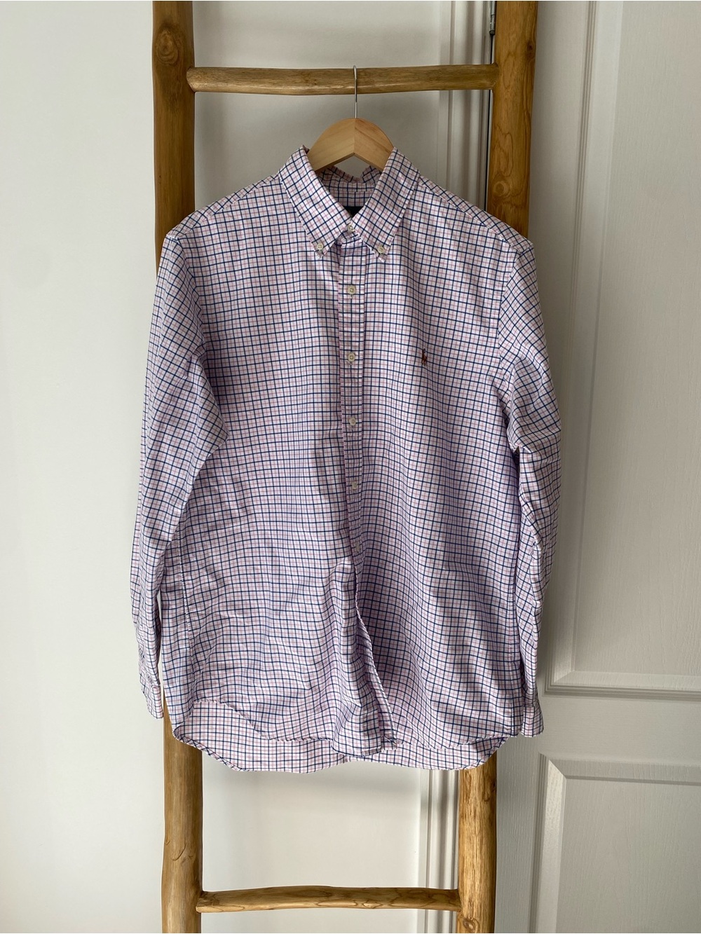 Ralph Lauren Shirt Men L Pink Blue Plaid Brown Pony Long Sleeve Button Up Preppy